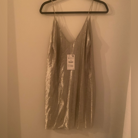 ZARA Metallic V Neck Slip Mini Dress - Size M - NWT! - Picture 3 of 5